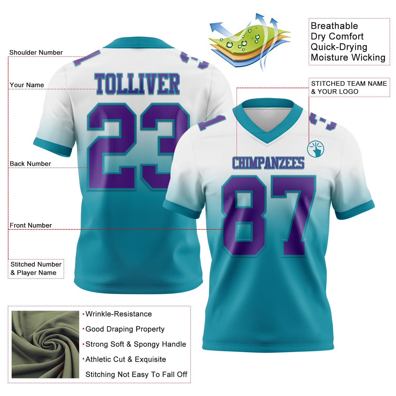 Custom White Purple-Teal Authentic Fade Fashion Football Jersey