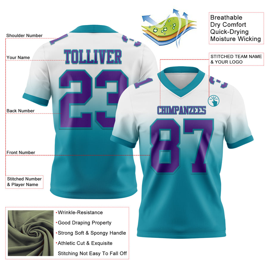 Custom White Purple-Teal Authentic Fade Fashion Football Jersey