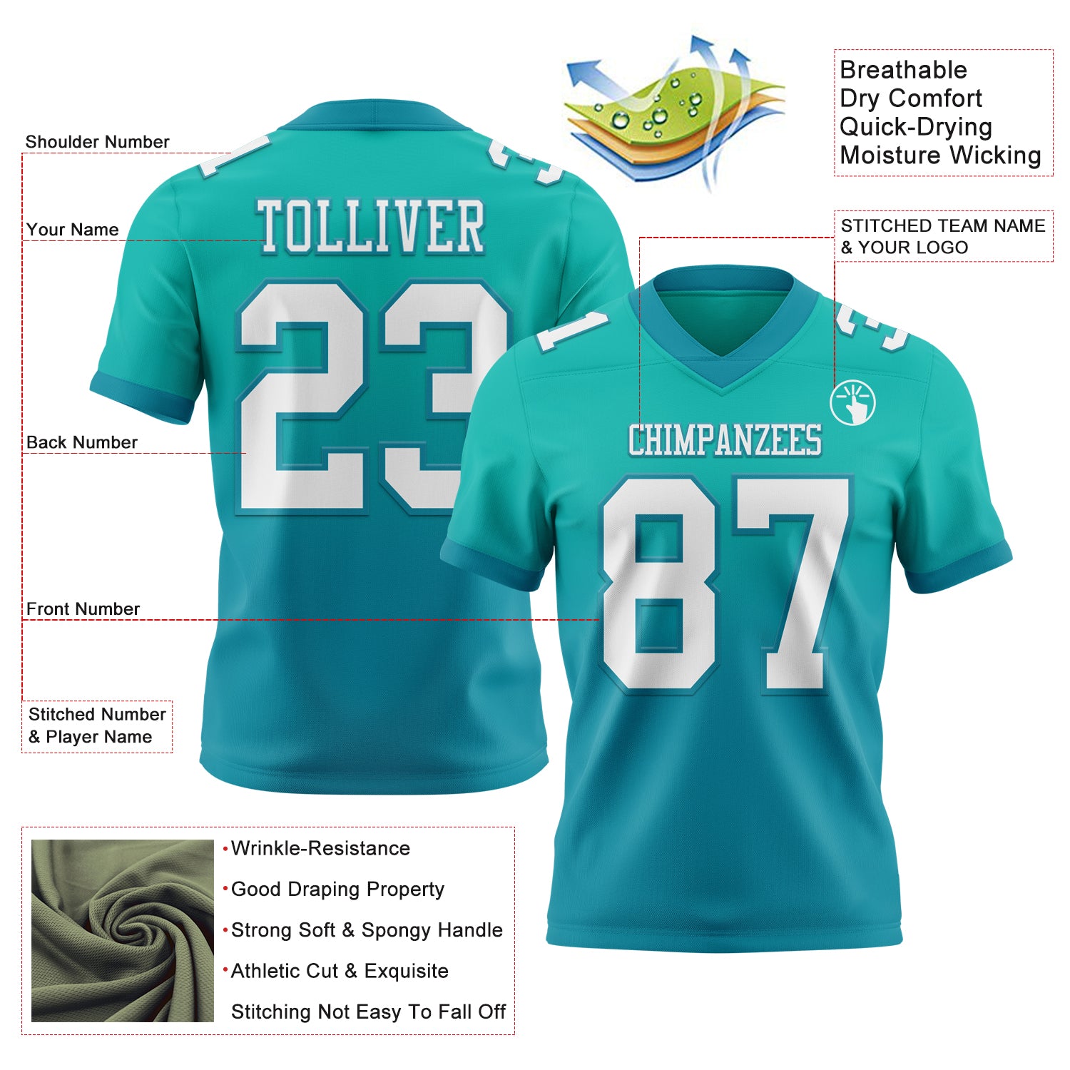 Custom Aqua White-Teal Authentic Fade Fashion Football Jersey