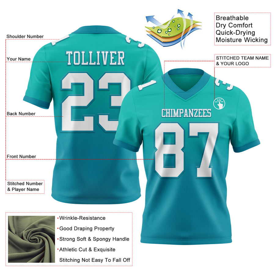 Custom Aqua White-Teal Authentic Fade Fashion Football Jersey