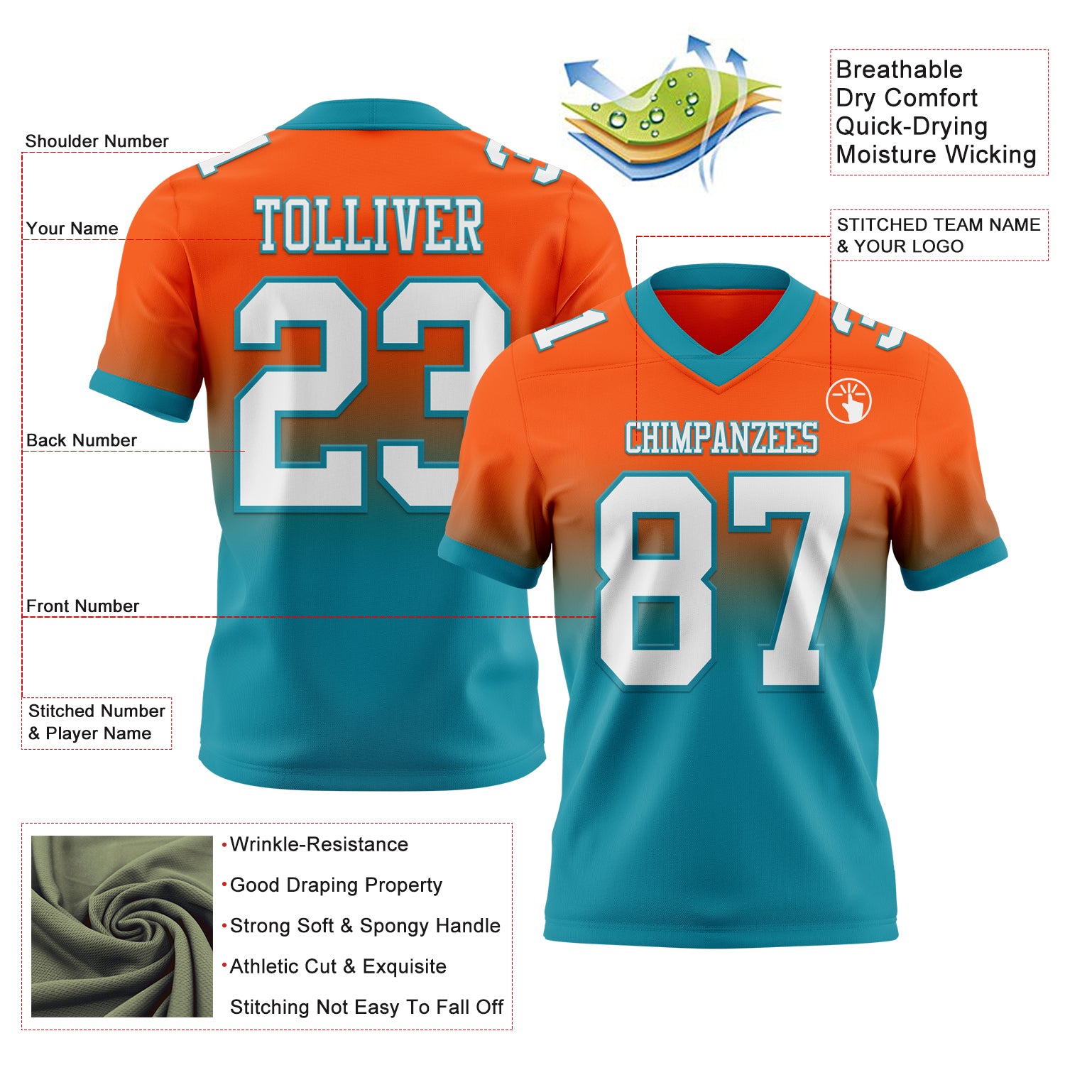 Custom Orange White-Teal Authentic Fade Fashion Football Jersey