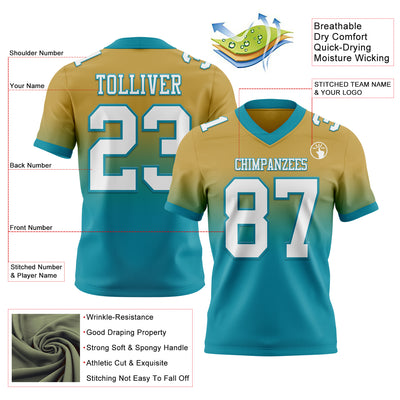 Custom Old Gold White-Teal Authentic Fade Fashion Football Jersey