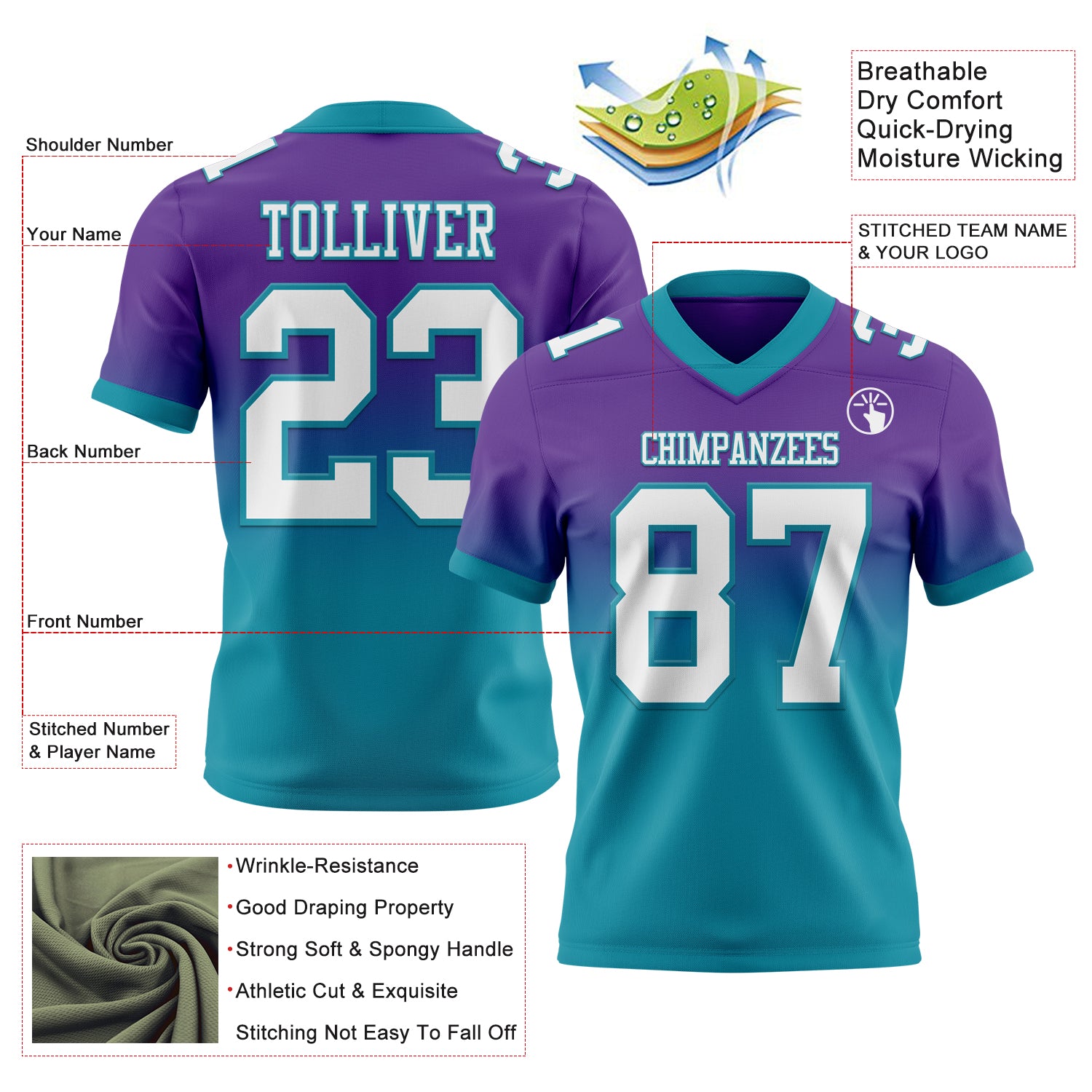 Custom Purple White-Teal Authentic Fade Fashion Football Jersey
