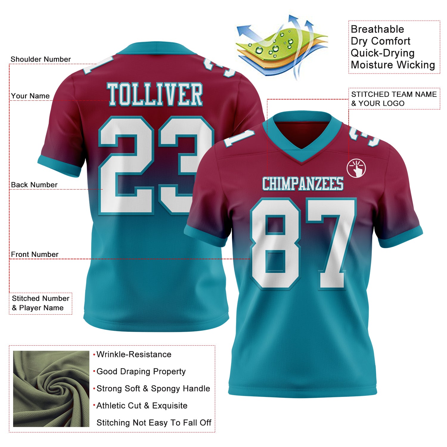 Custom Maroon White-Teal Authentic Fade Fashion Football Jersey