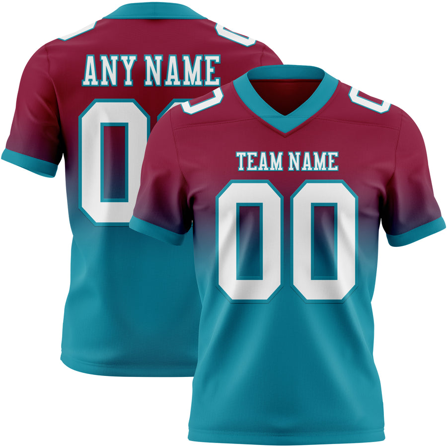 Custom Maroon White-Teal Authentic Fade Fashion Football Jersey