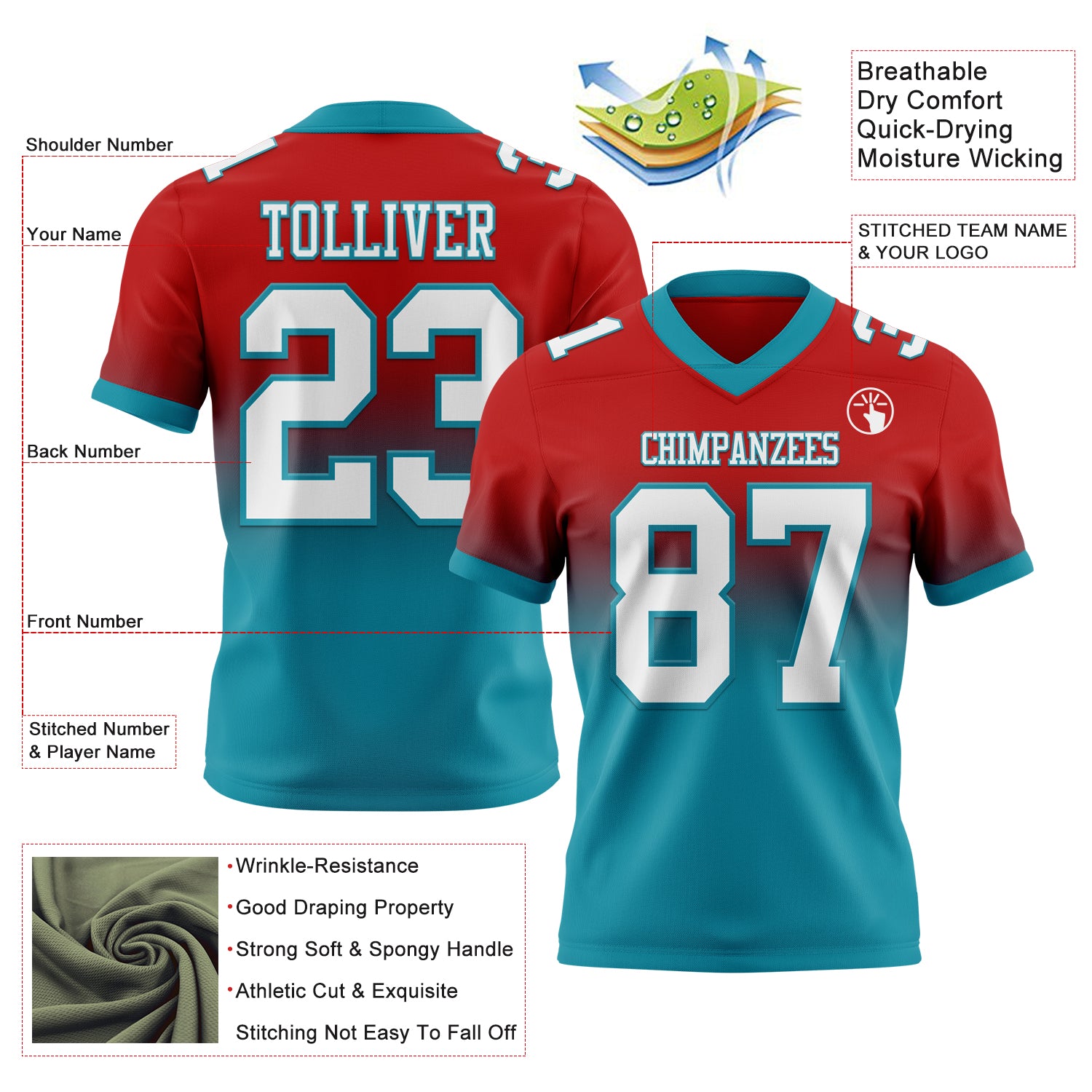 Custom Red White-Teal Authentic Fade Fashion Football Jersey