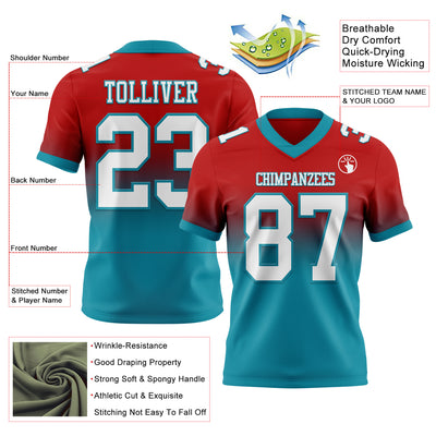 Custom Red White-Teal Authentic Fade Fashion Football Jersey