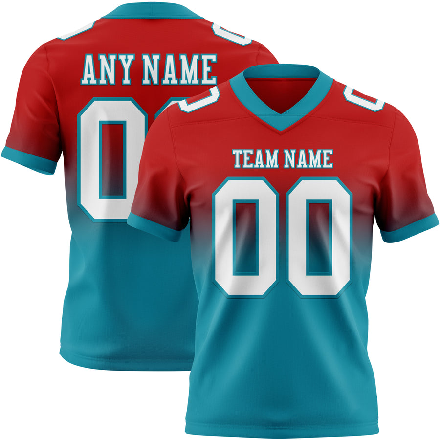 Custom Red White-Teal Authentic Fade Fashion Football Jersey