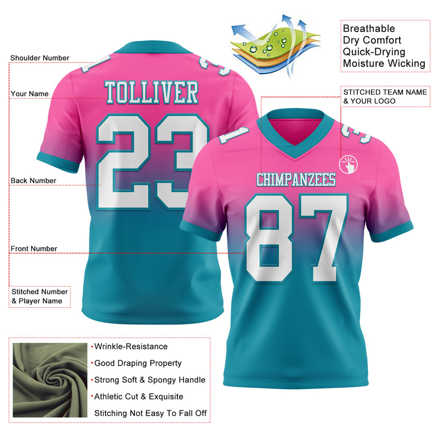 Custom Pink White-Teal Authentic Fade Fashion Football Jersey