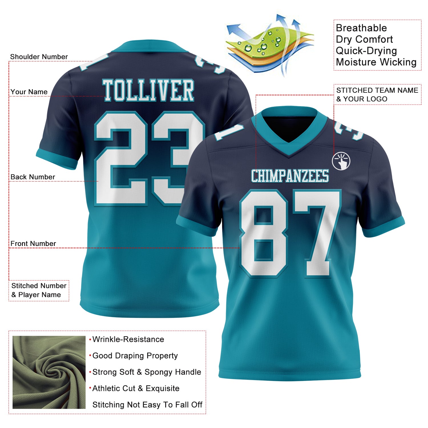 Custom Navy White-Teal Authentic Fade Fashion Football Jersey