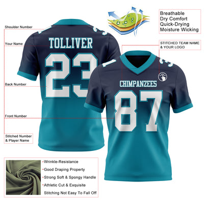 Custom Navy White-Teal Authentic Fade Fashion Football Jersey