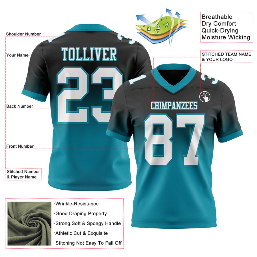 Custom Black White-Teal Authentic Fade Fashion Football Jersey