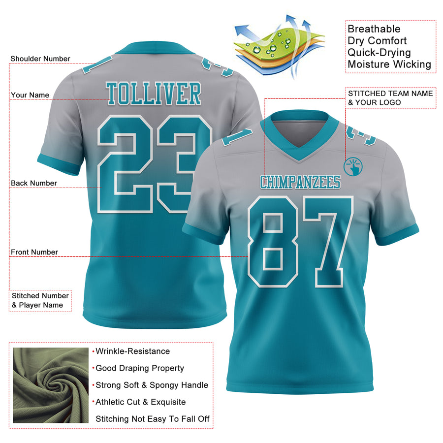 Custom Gray Teal-White Authentic Fade Fashion Football Jersey