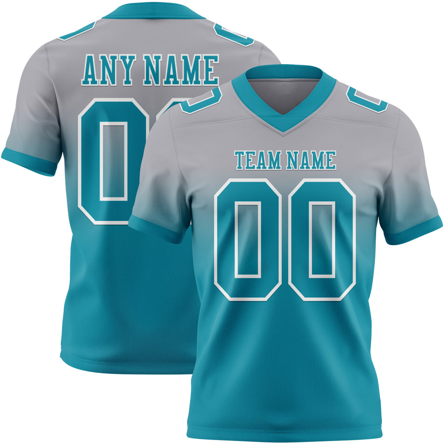 Custom Gray Teal-White Authentic Fade Fashion Football Jersey