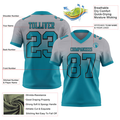 Custom Gray Teal-Black Authentic Fade Fashion Football Jersey