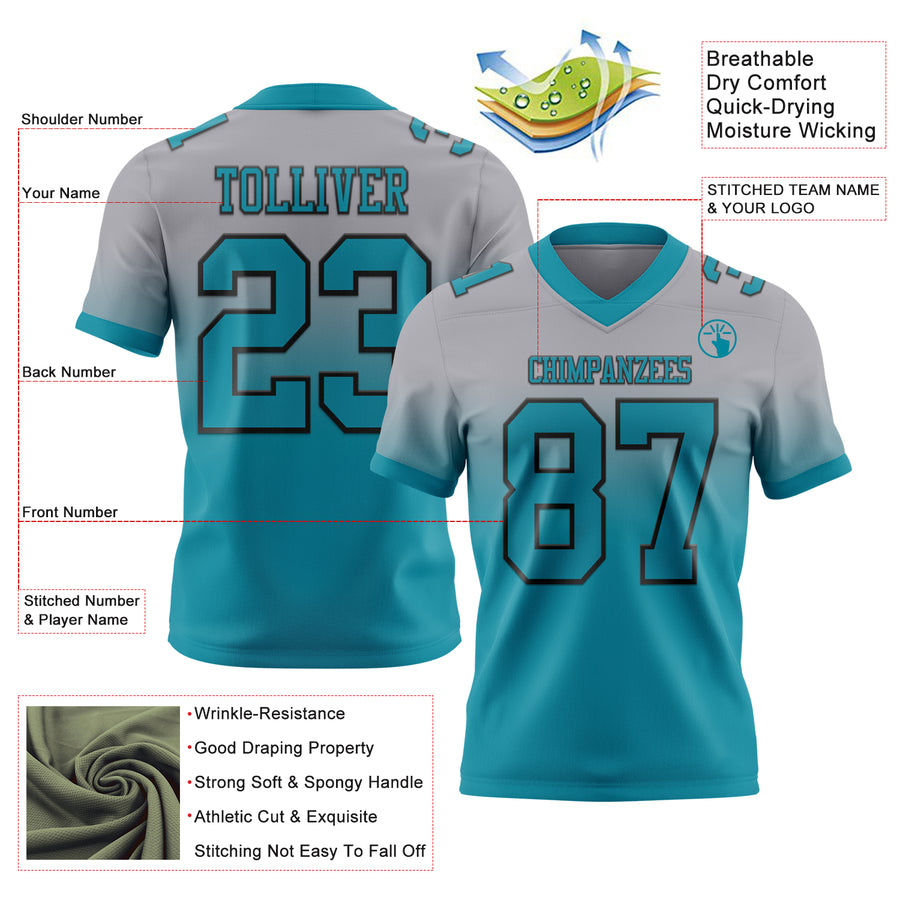Custom Gray Teal-Black Authentic Fade Fashion Football Jersey