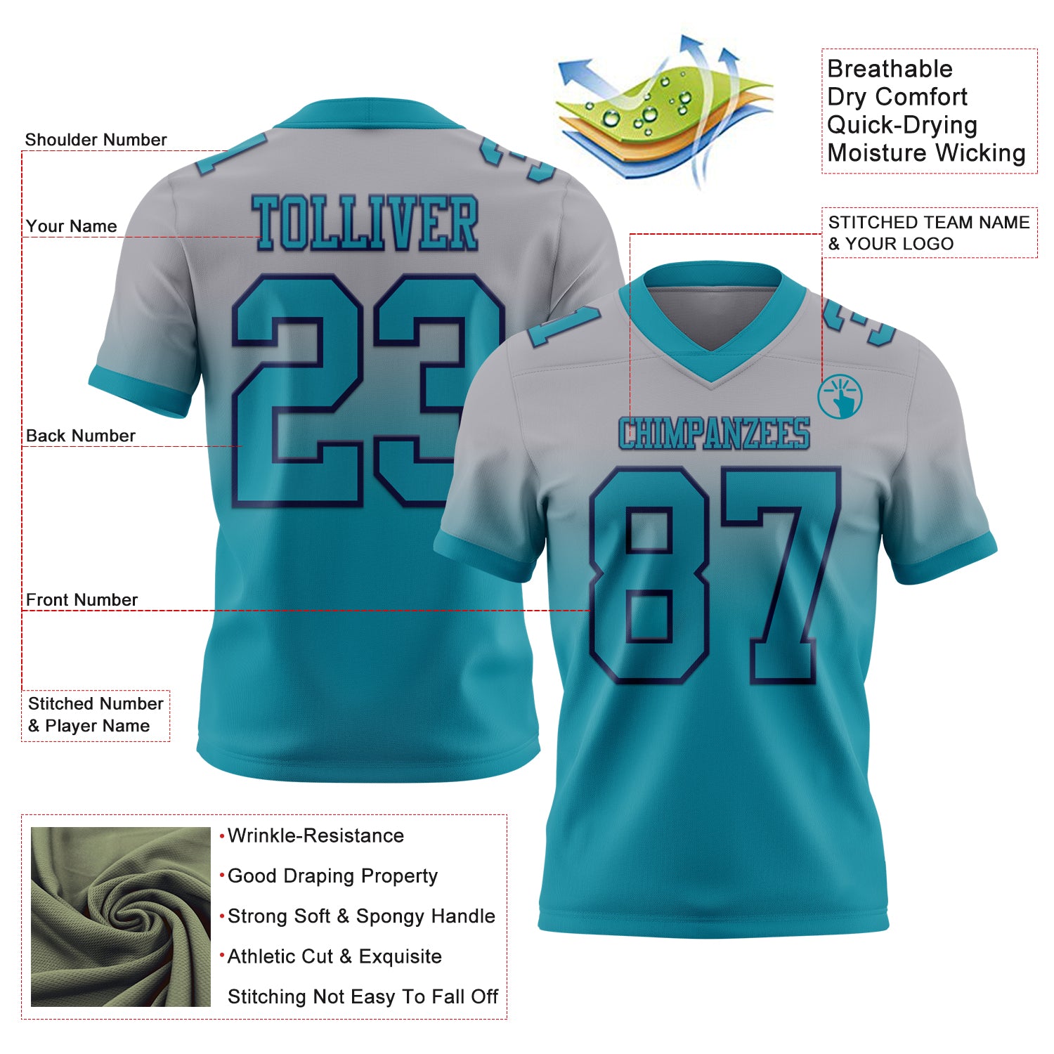 Custom Gray Teal-Navy Authentic Fade Fashion Football Jersey