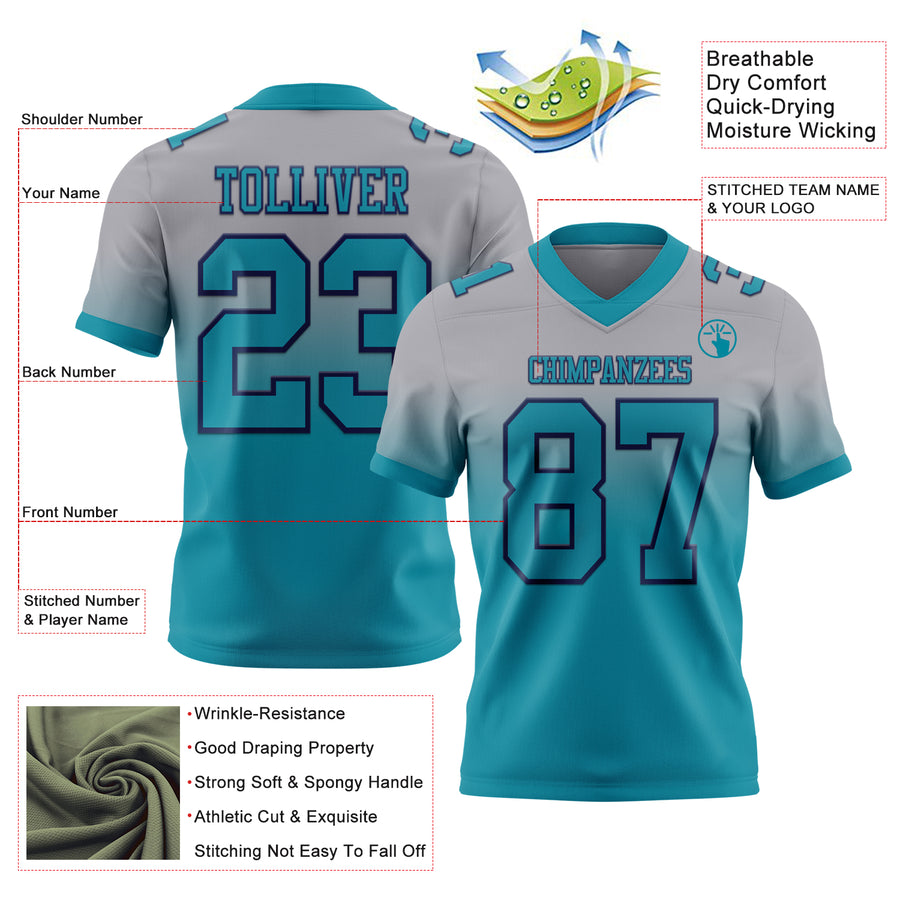 Custom Gray Teal-Navy Authentic Fade Fashion Football Jersey