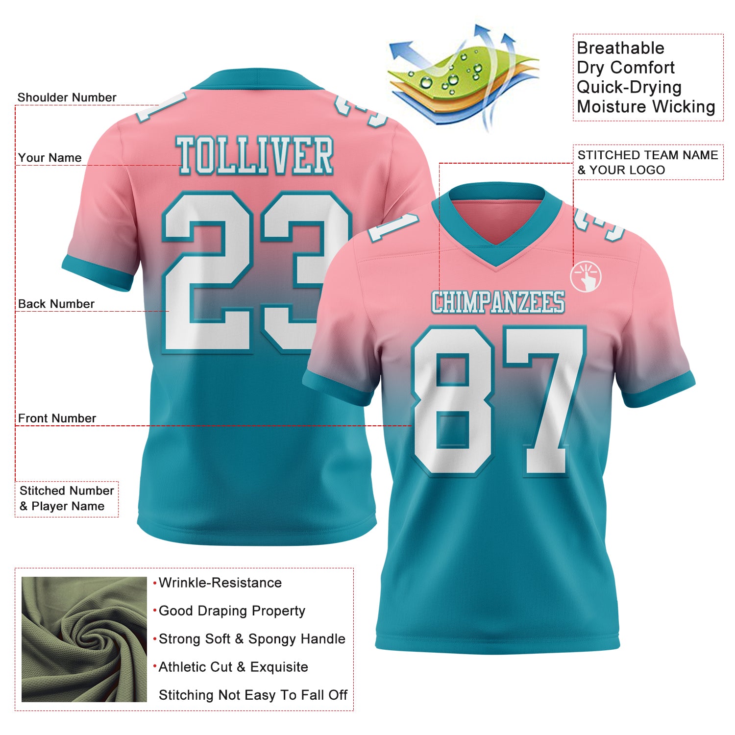 Custom Medium Pink White-Teal Authentic Fade Fashion Football Jersey