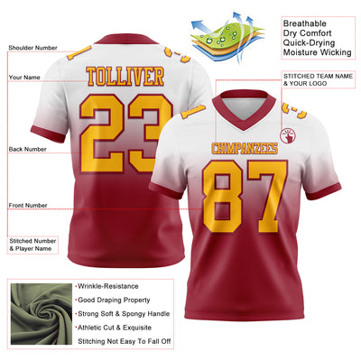 Custom White Gold-Cardinal Authentic Fade Fashion Football Jersey
