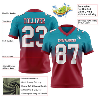Custom Teal White-Cardinal Authentic Fade Fashion Football Jersey