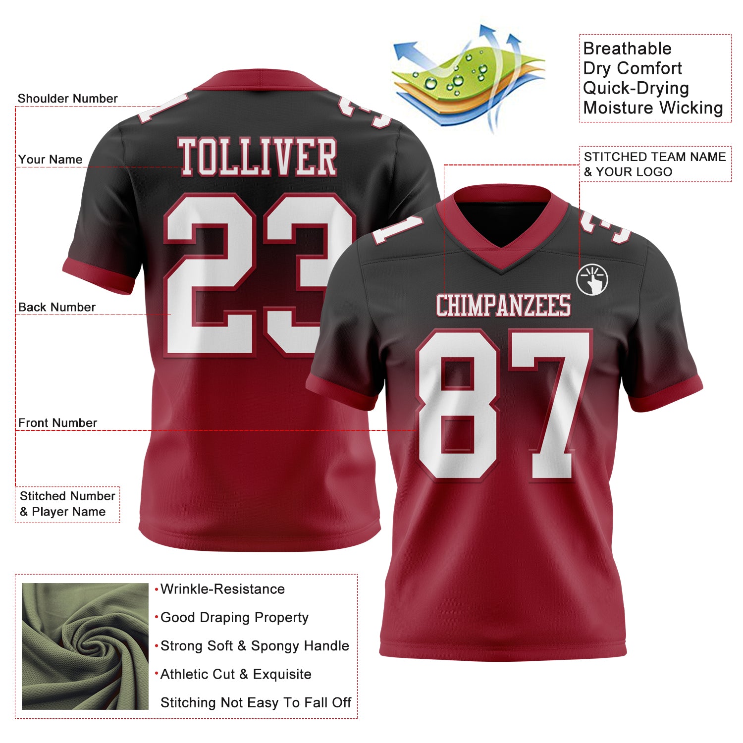 Custom Black White-Cardinal Authentic Fade Fashion Football Jersey
