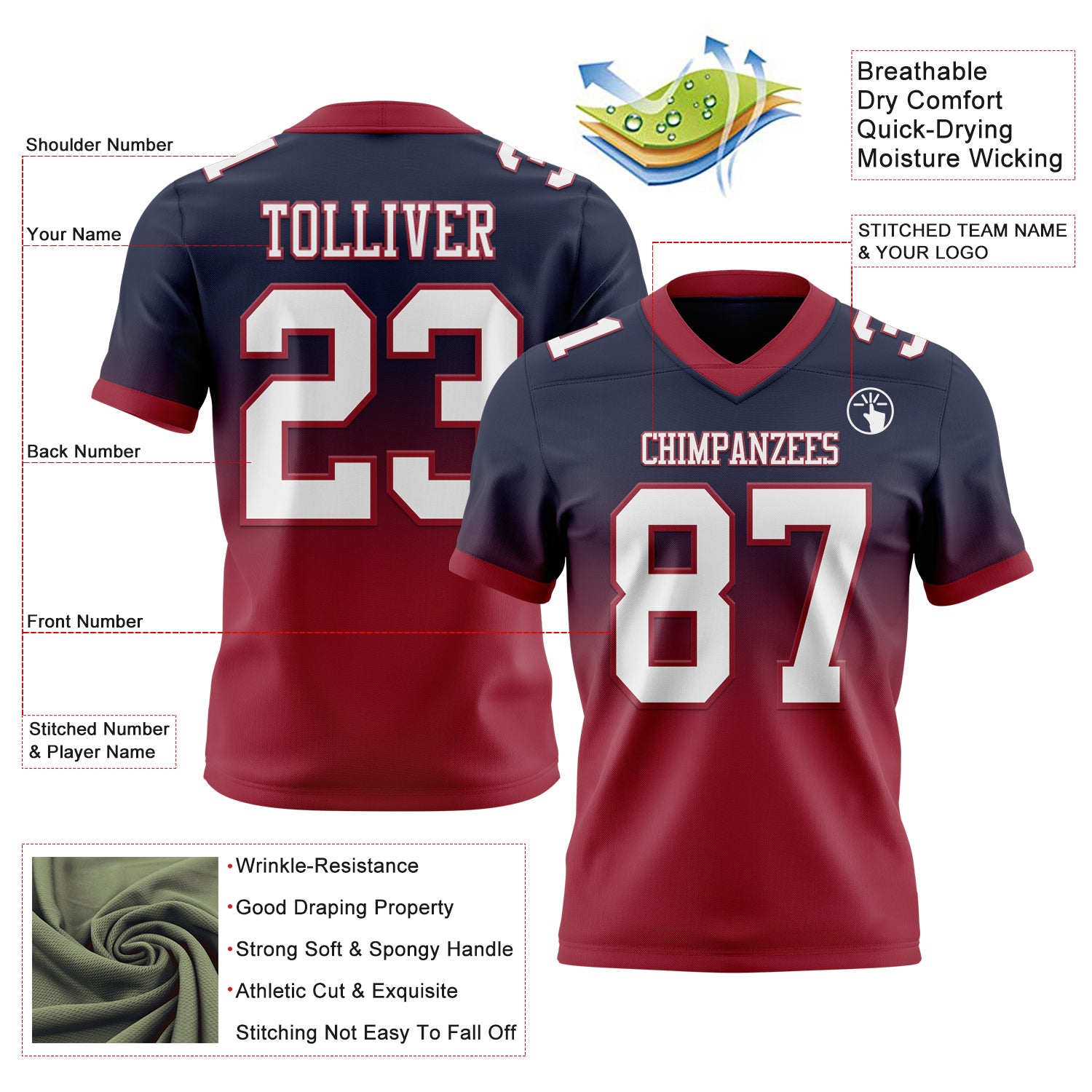 Custom Navy White-Cardinal Authentic Fade Fashion Football Jersey