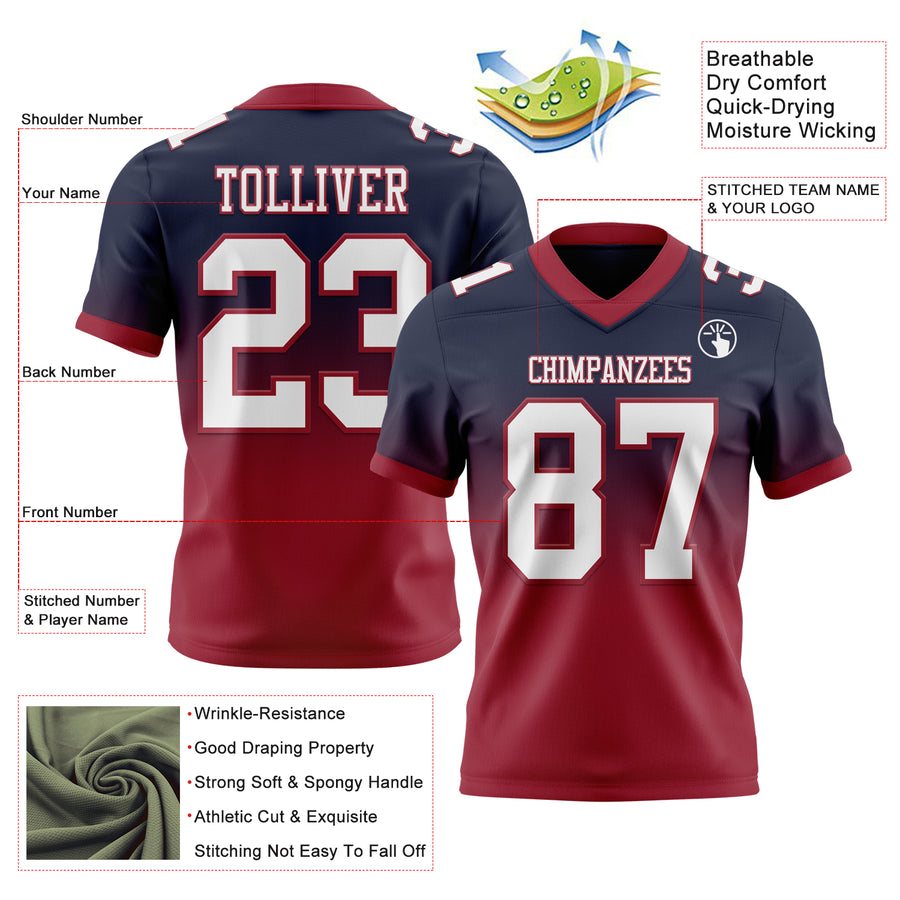 Custom Navy White-Cardinal Authentic Fade Fashion Football Jersey