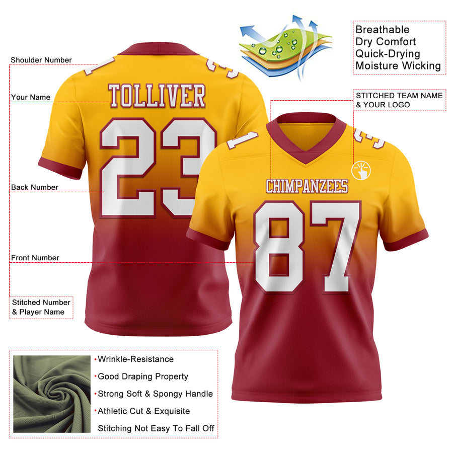 Custom Gold White-Cardinal Authentic Fade Fashion Football Jersey