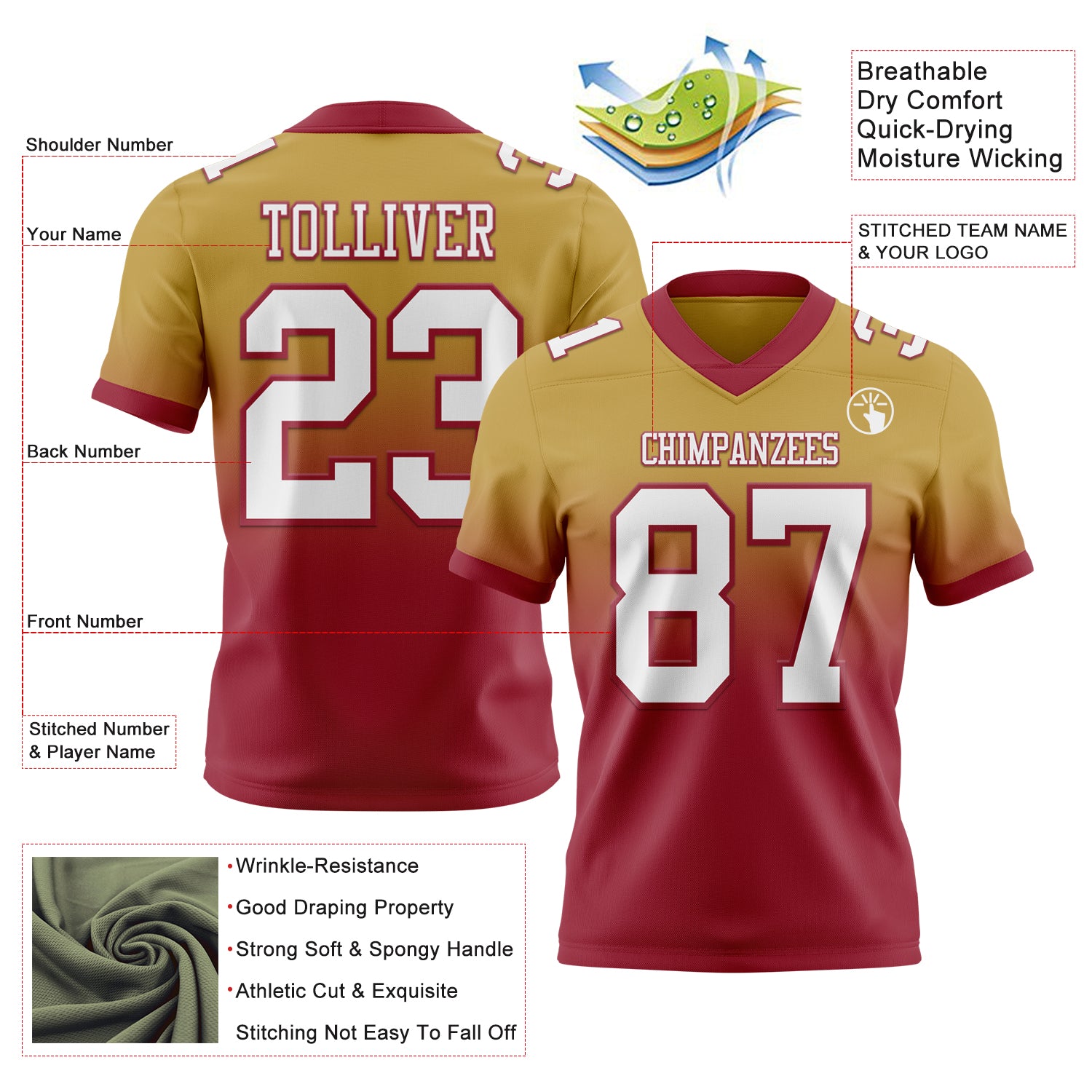 Custom Old Gold White-Cardinal Authentic Fade Fashion Football Jersey
