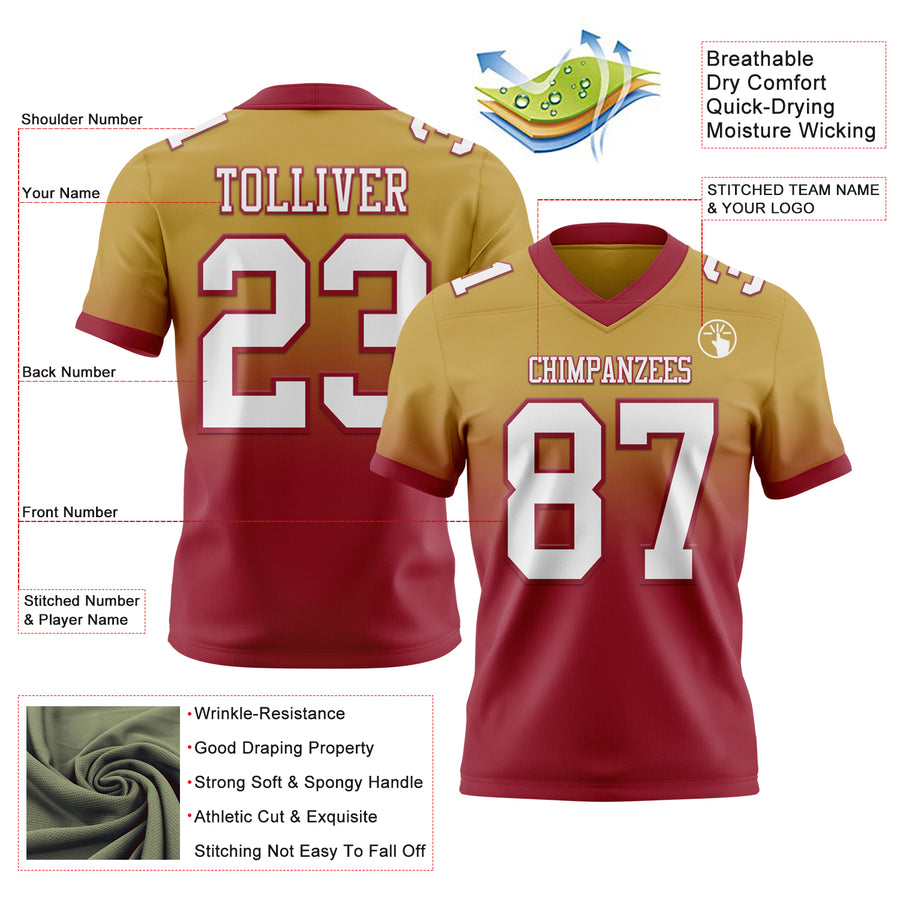 Custom Old Gold White-Cardinal Authentic Fade Fashion Football Jersey