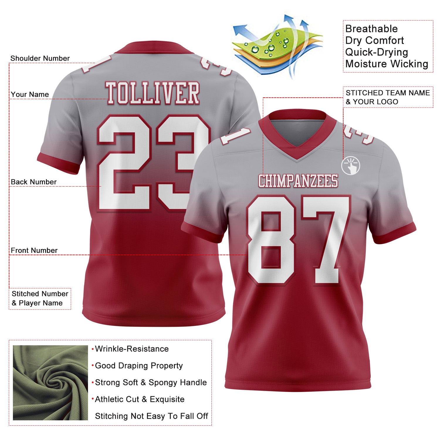 Custom Gray White-Cardinal Authentic Fade Fashion Football Jersey