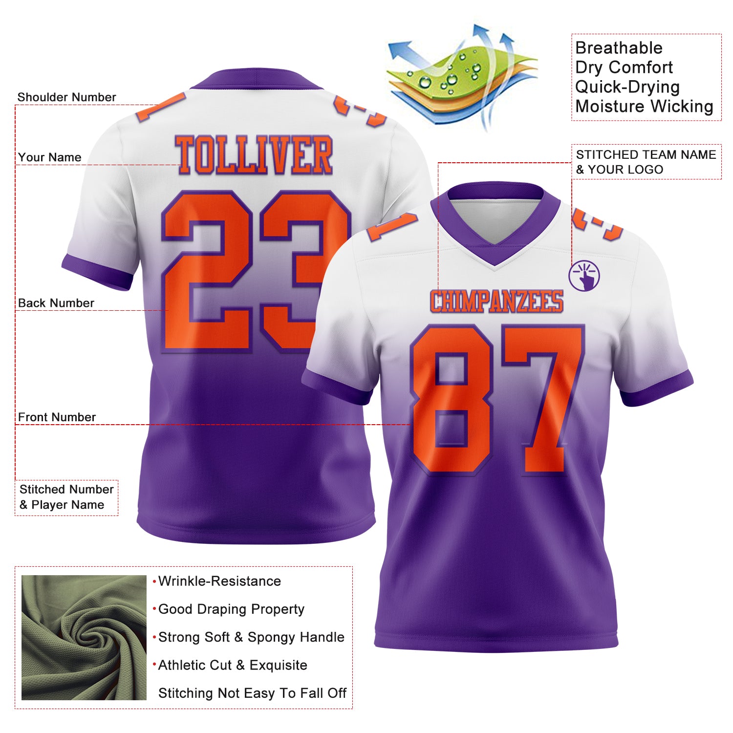 Custom White Orange-Purple Authentic Fade Fashion Football Jersey