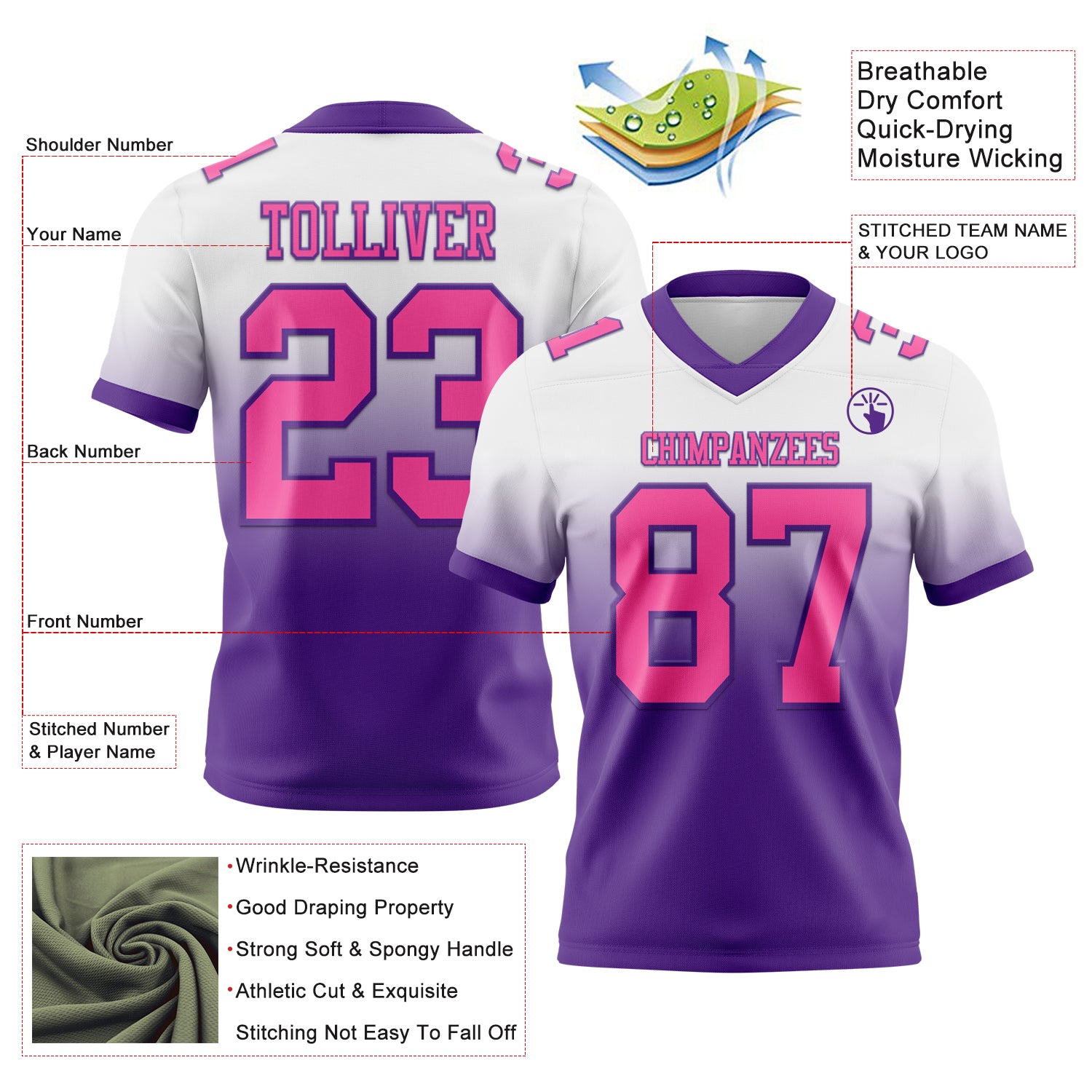 Custom White Pink-Purple Authentic Fade Fashion Football Jersey