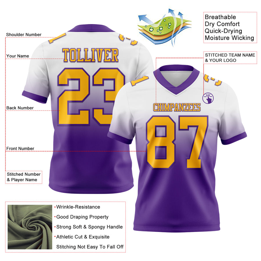 Custom White Gold-Purple Authentic Fade Fashion Football Jersey