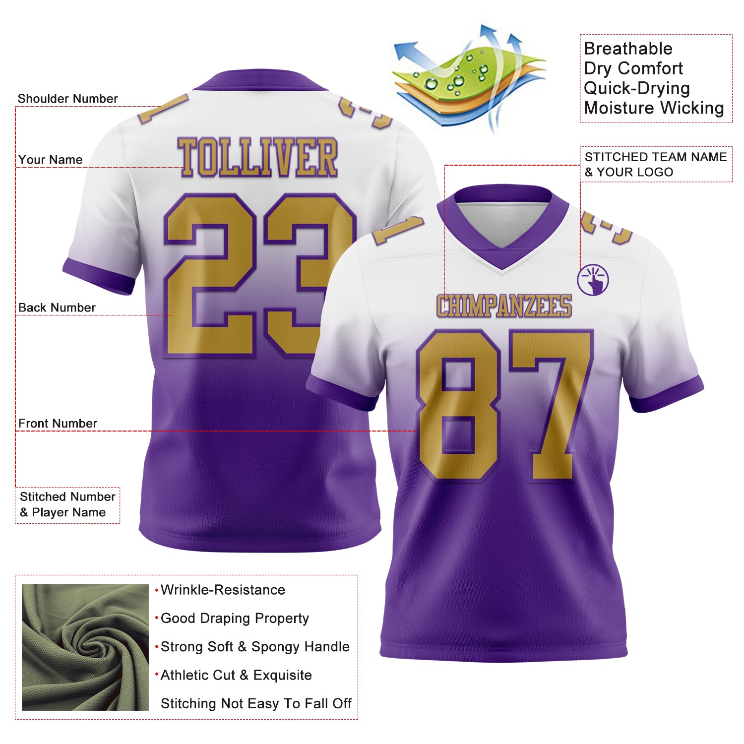 Custom White Old Gold-Purple Authentic Fade Fashion Football Jersey