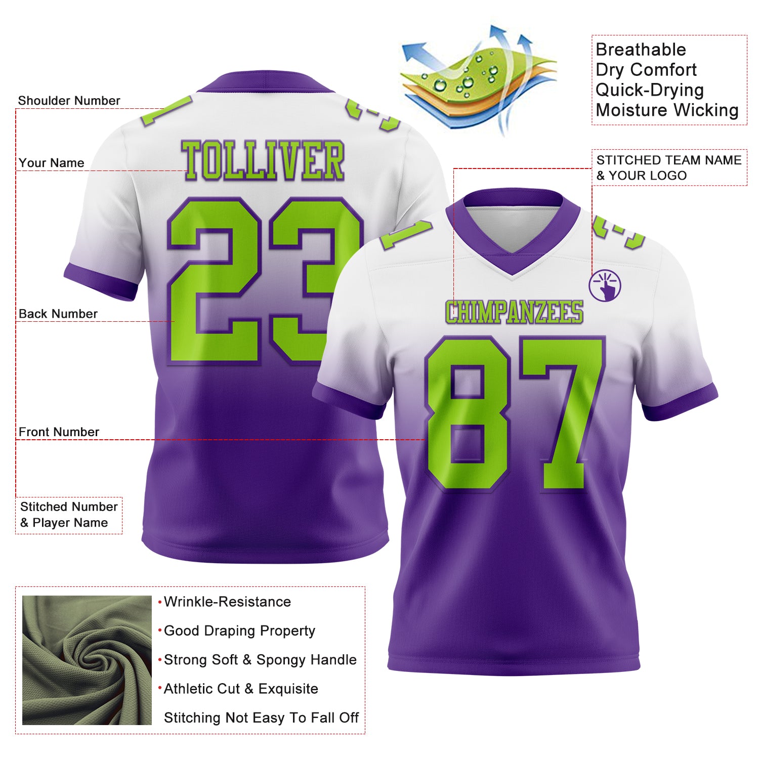 Custom White Neon Green-Purple Authentic Fade Fashion Football Jersey