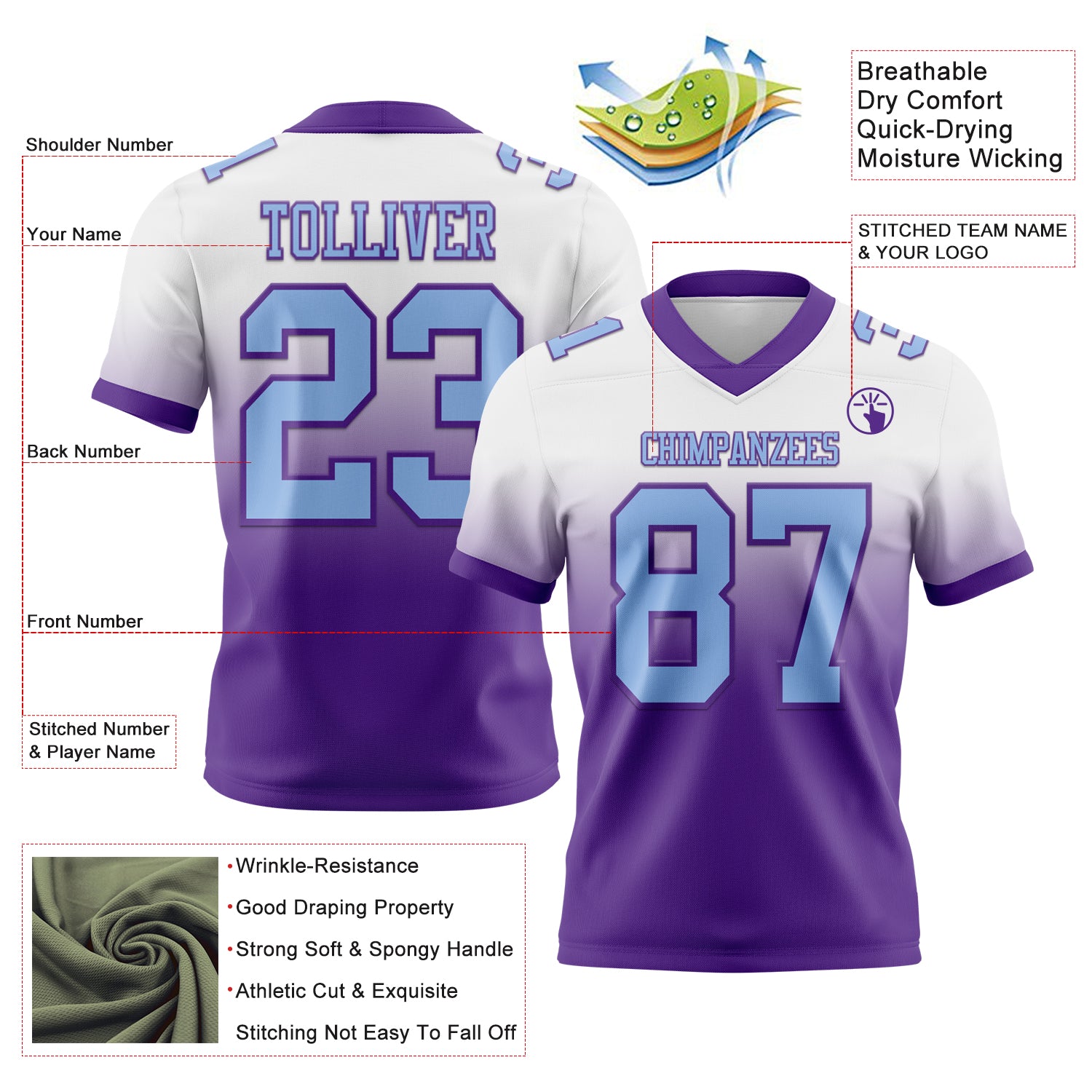 Custom White Light Blue-Purple Authentic Fade Fashion Football Jersey