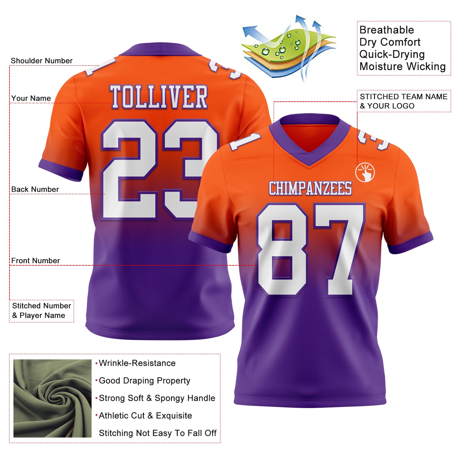 Custom Orange White-Purple Authentic Fade Fashion Football Jersey