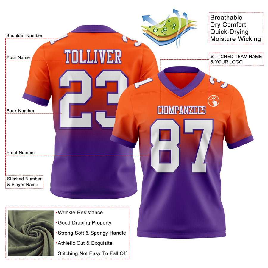 Custom Orange White-Purple Authentic Fade Fashion Football Jersey