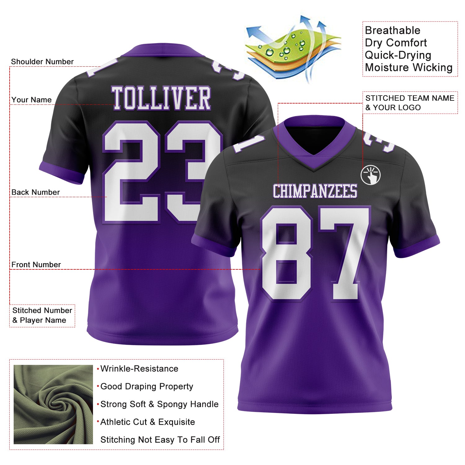 Custom Black White-Purple Authentic Fade Fashion Football Jersey