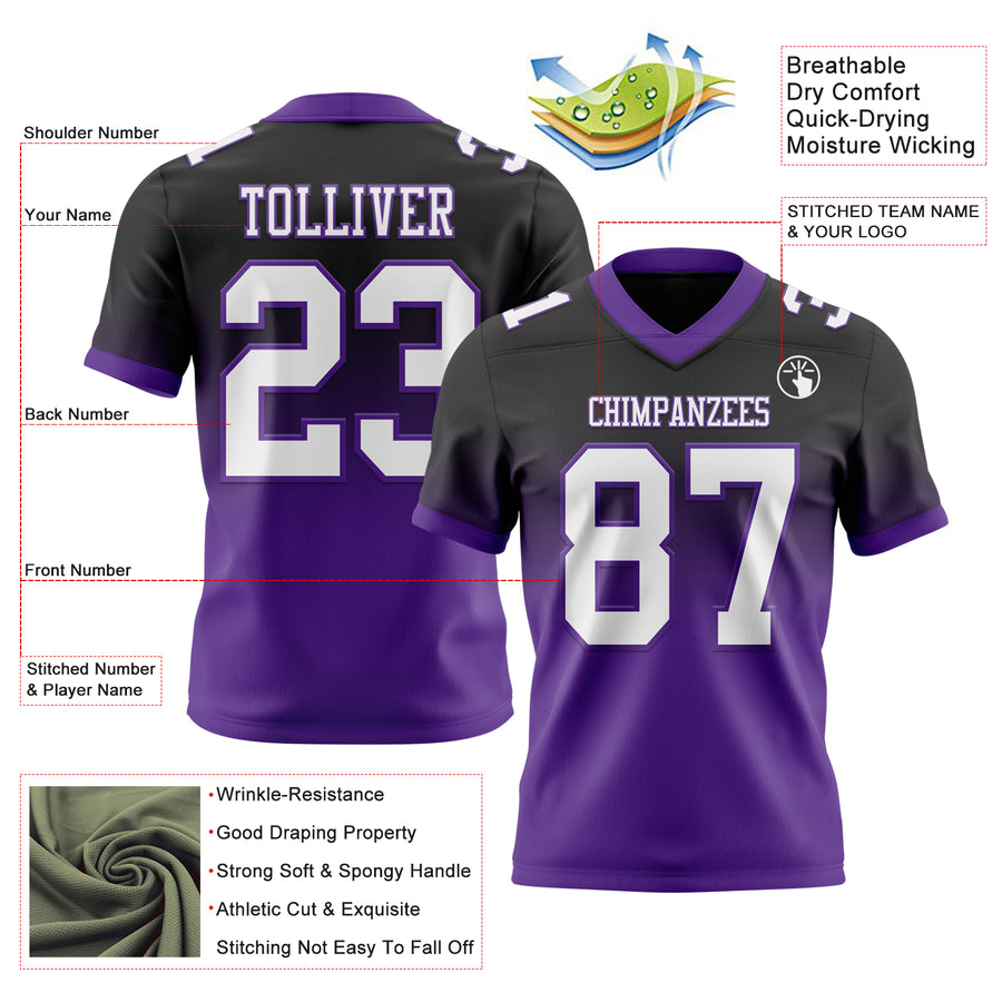 Custom Black White-Purple Authentic Fade Fashion Football Jersey