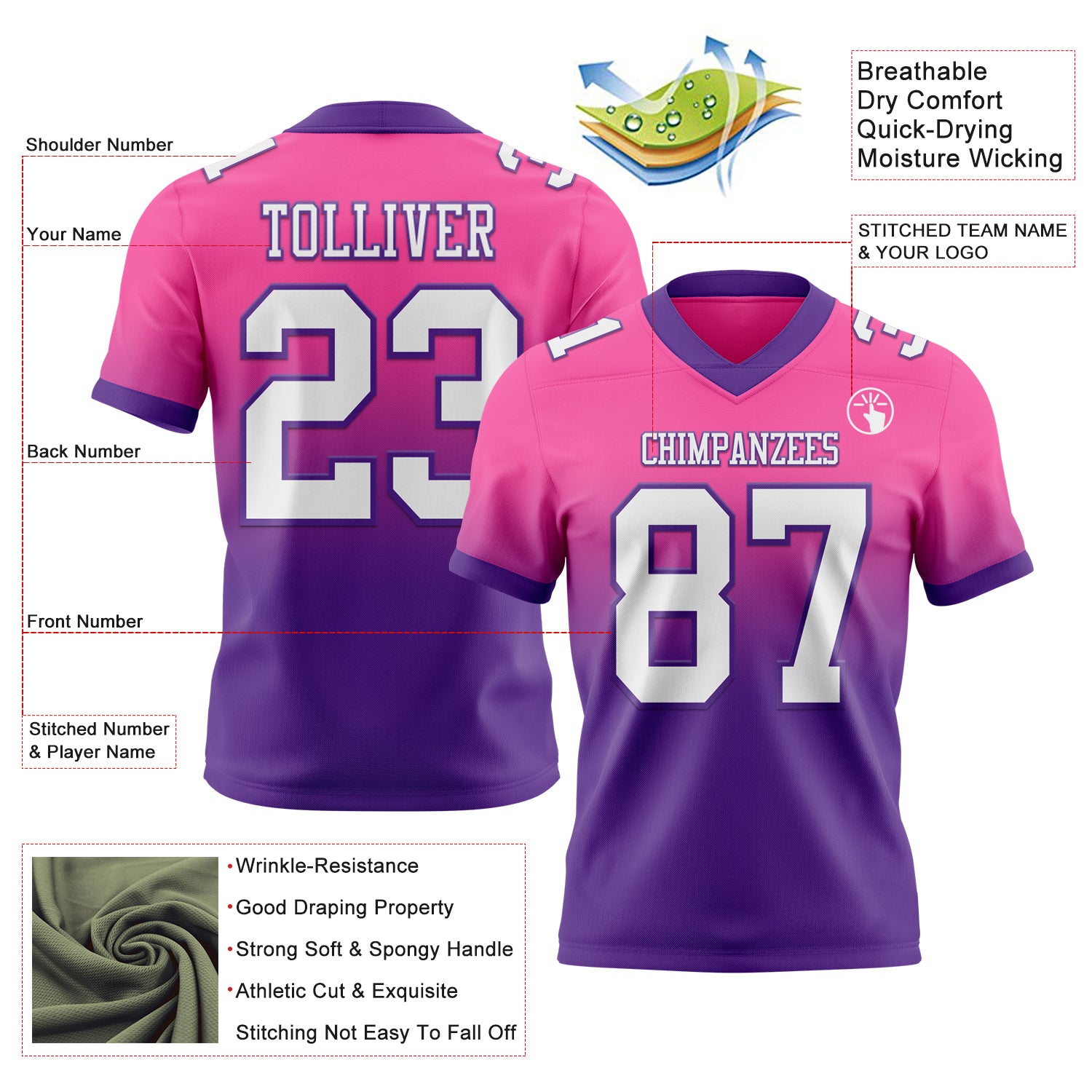 Custom Pink White-Purple Authentic Fade Fashion Football Jersey