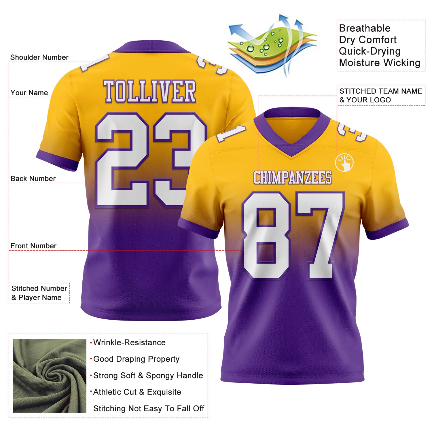 Custom Gold White-Purple Authentic Fade Fashion Football Jersey