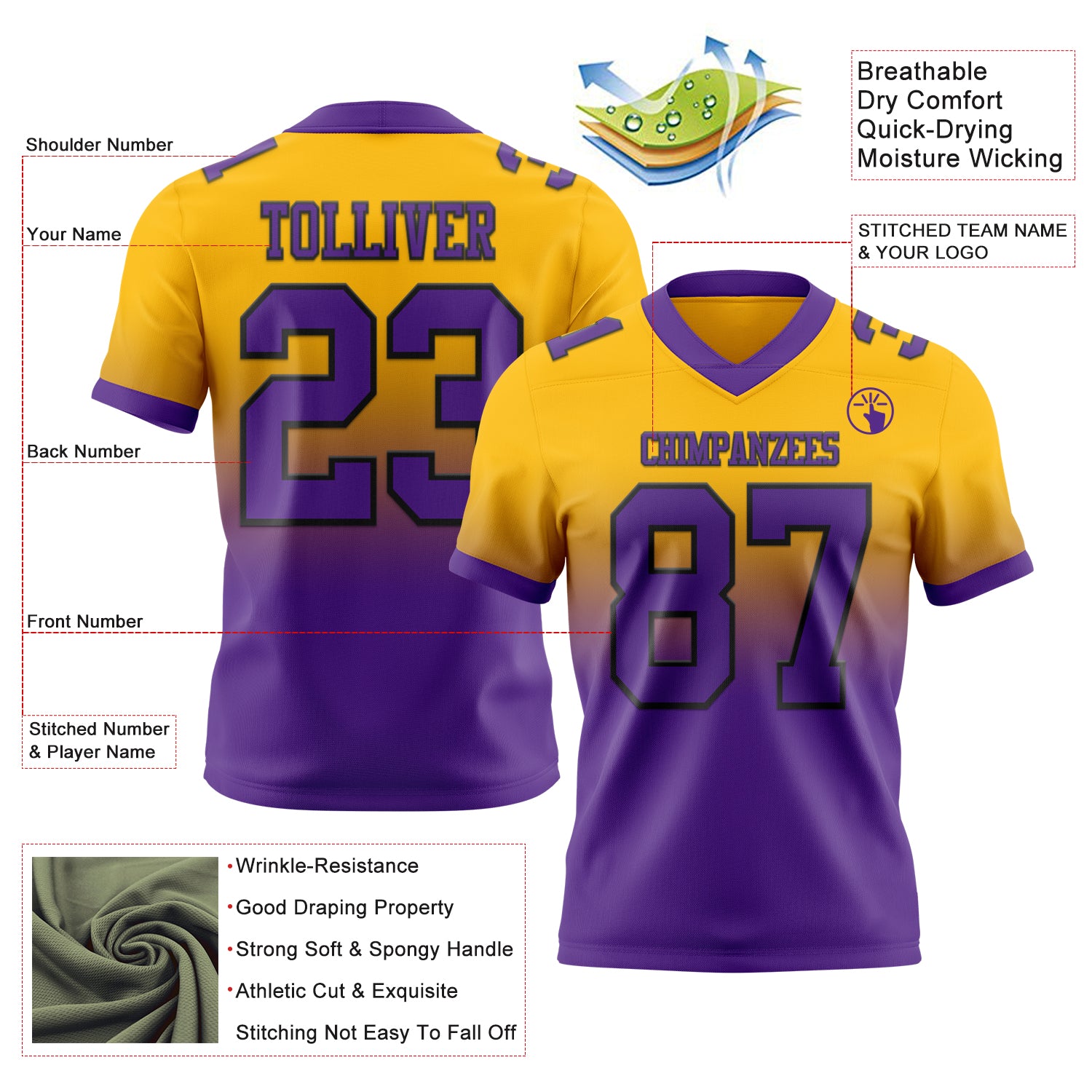 Custom Gold Purple-Black Authentic Fade Fashion Football Jersey