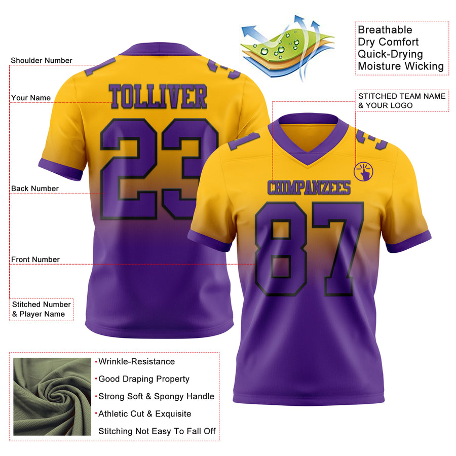 Custom Gold Purple-Black Authentic Fade Fashion Football Jersey
