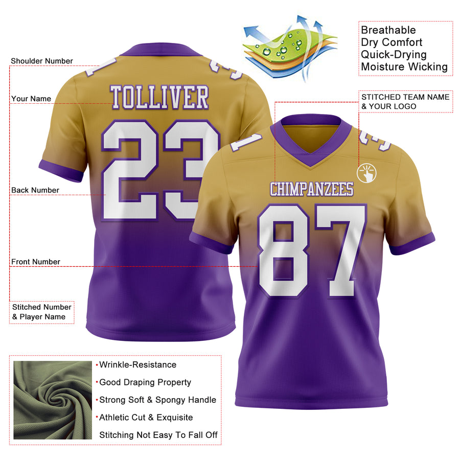 Custom Old Gold White-Purple Authentic Fade Fashion Football Jersey