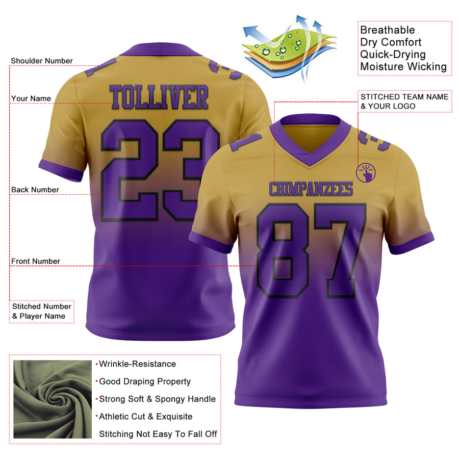 Custom Old Gold Purple-Black Authentic Fade Fashion Football Jersey