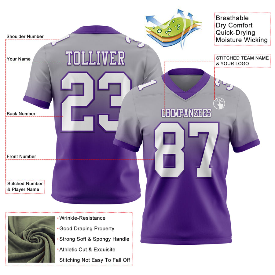Custom Gray White-Purple Authentic Fade Fashion Football Jersey