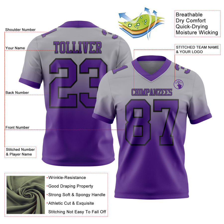Custom Gray Purple-Black Authentic Fade Fashion Football Jersey